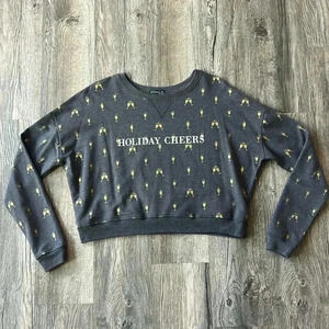 Fifth Sun Sweater Gray Holiday Cheers Champagne Cropped Sweatshirt Size Medium